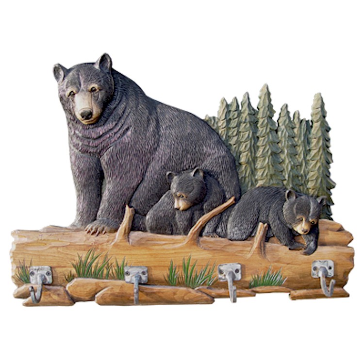 Mama Bear & Cubs Carved Wood Coat Rack